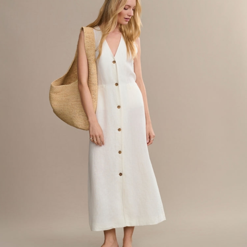 Jenni Kayne White Button-Front Sleeveless Linen Dress